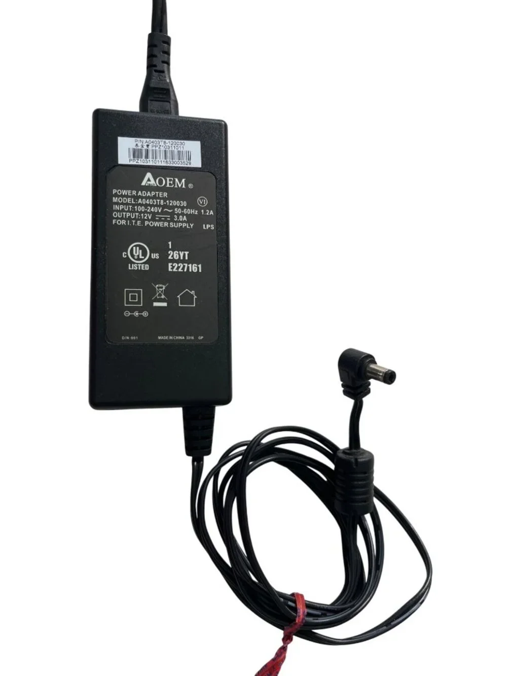 AOEM 12V 3A Power Adapter Model A0403T8-120030 With Cord - 60 Inches Length 20L